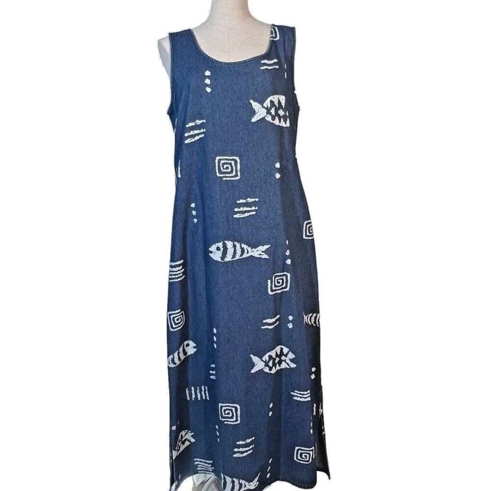 Blue J Denim Jean Jumper Dress Size Medium Fish Print Abstract Y2K Cotton VTG